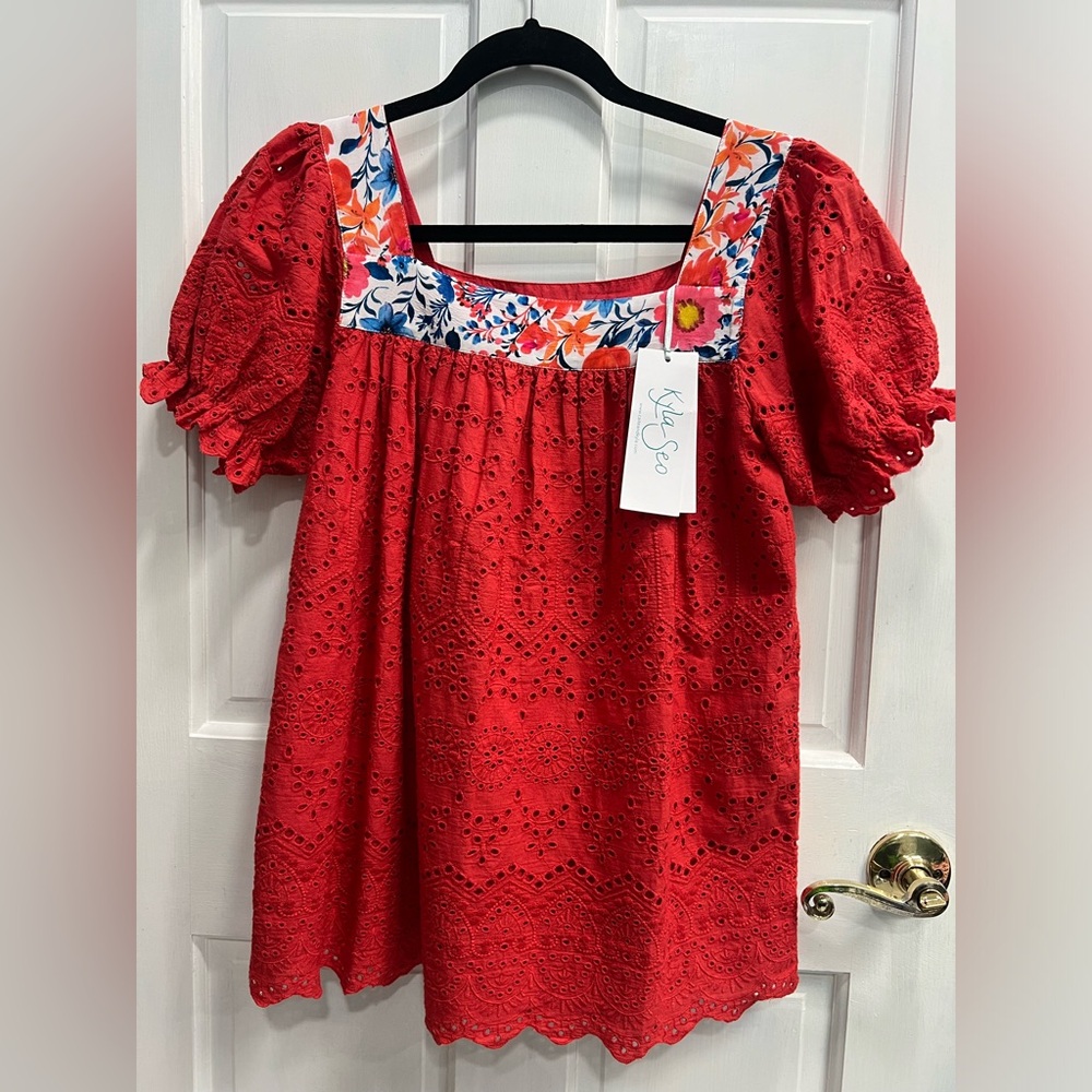 KYLA SEO NWT Red Square Neck Eyelet Lace Scalloped Hem Lined Top SIZE SMALL NEW